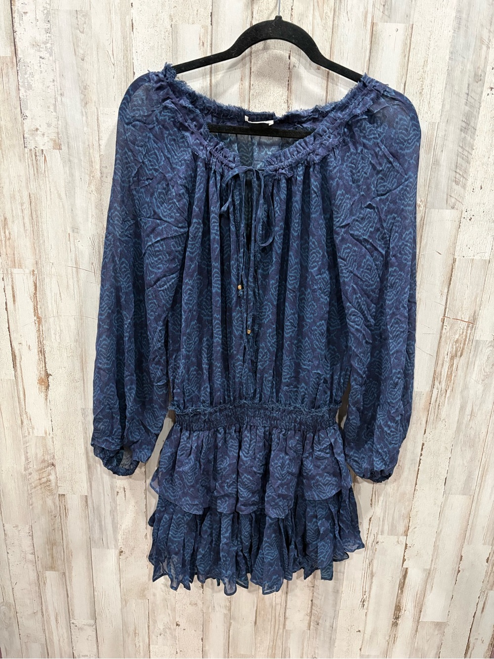 LoveShackFancy 100% Silk Popover Dress XS Blue Paisley Print Ruffle Tiered Boho